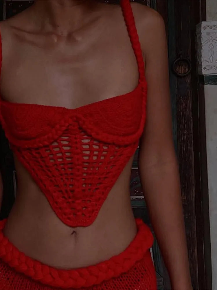 Set di gonne superiori con corsetto da spiaggia lavorato a maglia Set di gonne divise con reggiseno senza maniche con scollo all'americana 3D senza schienale Abiti da donna 2 pezzi Abiti primaverili