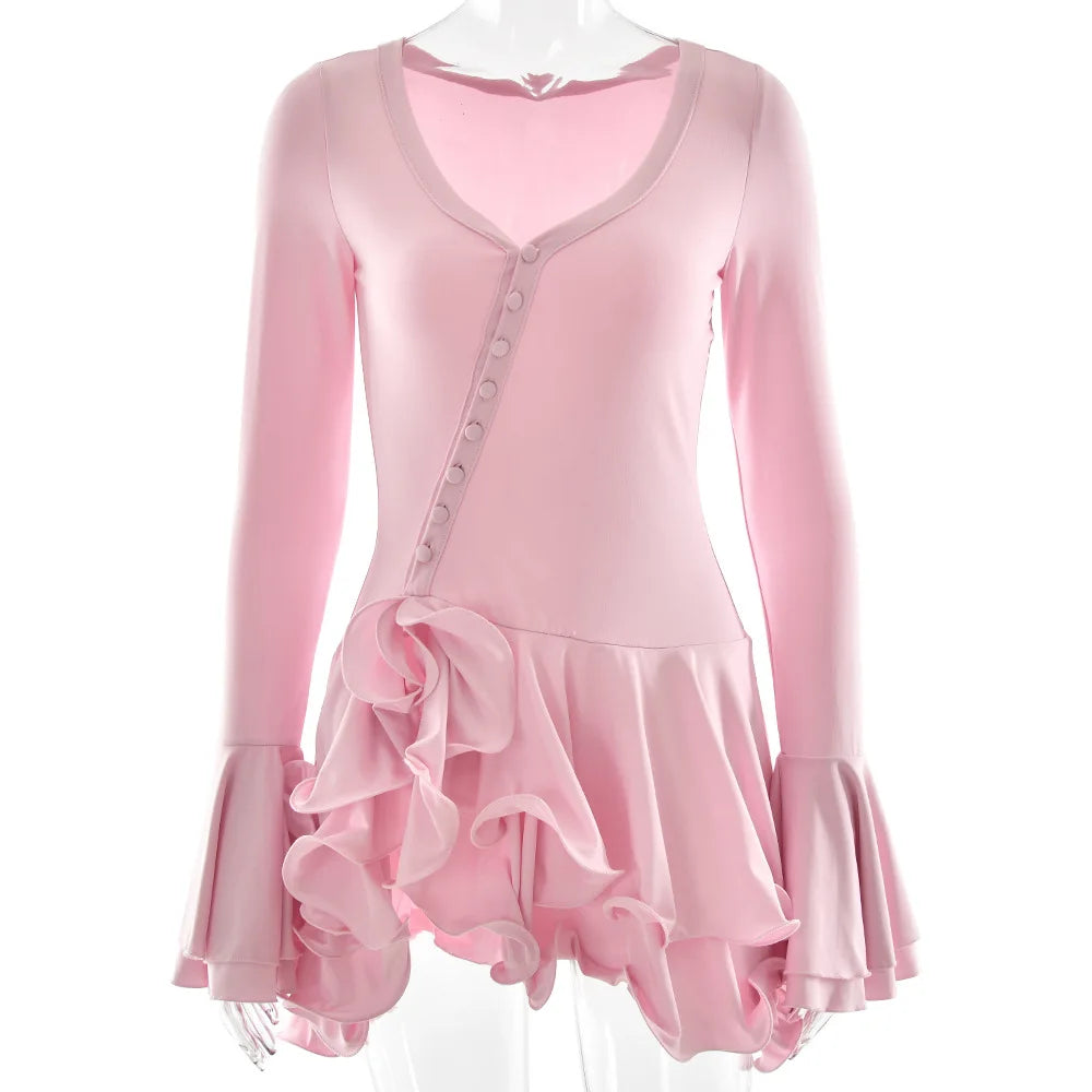 Abito corto sexy con volant patchwork bianco nero Abito corto da donna con maniche lunghe svasate con lacci Mini abiti da festa da sera Donna Blu Rosa Rosso