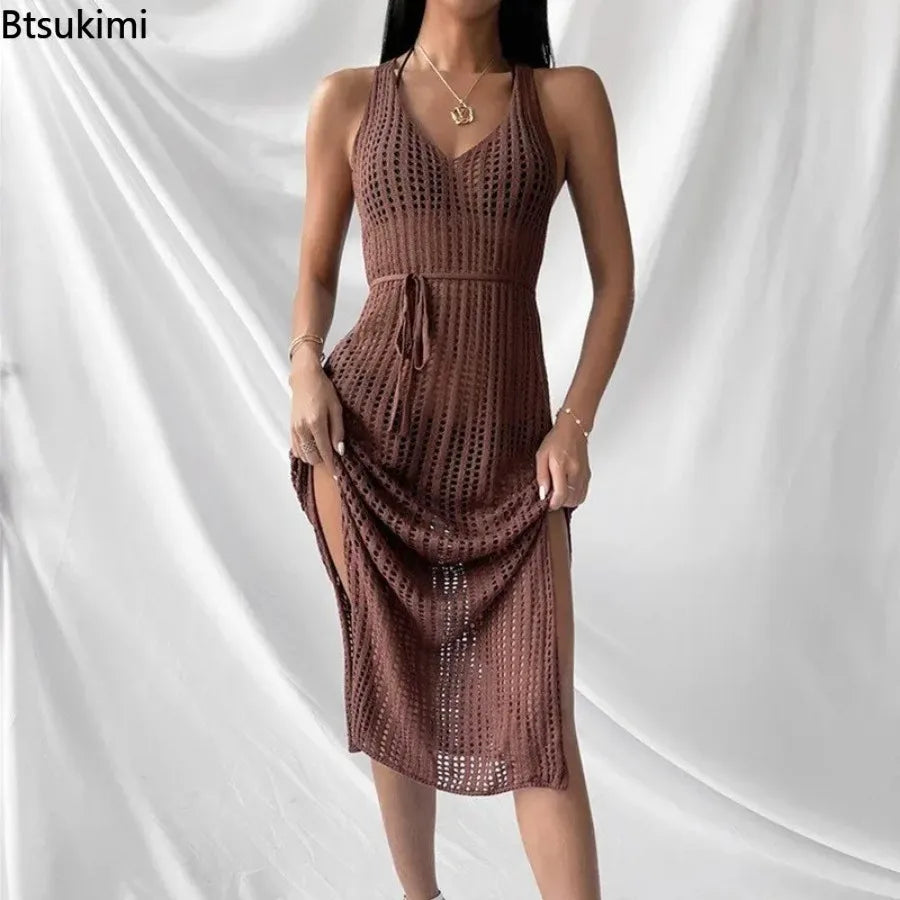 New Women's Sexy Knitted Midi Dresses Summer Elegant Beachwear Hollow Out Fishnet Bikini Cover-ups Vacation Long Dress for Girls