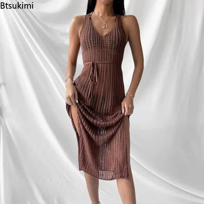 New Women's Sexy Knitted Midi Dresses Summer Elegant Beachwear Hollow Out Fishnet Bikini Cover-ups Vacation Long Dress for Girls