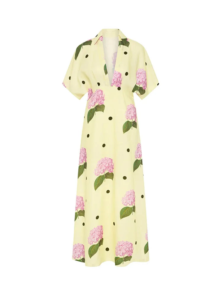 Abito da donna stampato a fiori casual Abito lungo femminile allentato a maniche corte con scollo a V profondo 2025 Primavera Estate Nuova moda Lady Robe