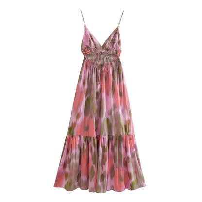 Abito senza schienale con elastico in vita stampato alla moda Abito da donna con lacci Cinghie vintage con scollo a V Abiti midi da spiaggia chic per le vacanze femminili