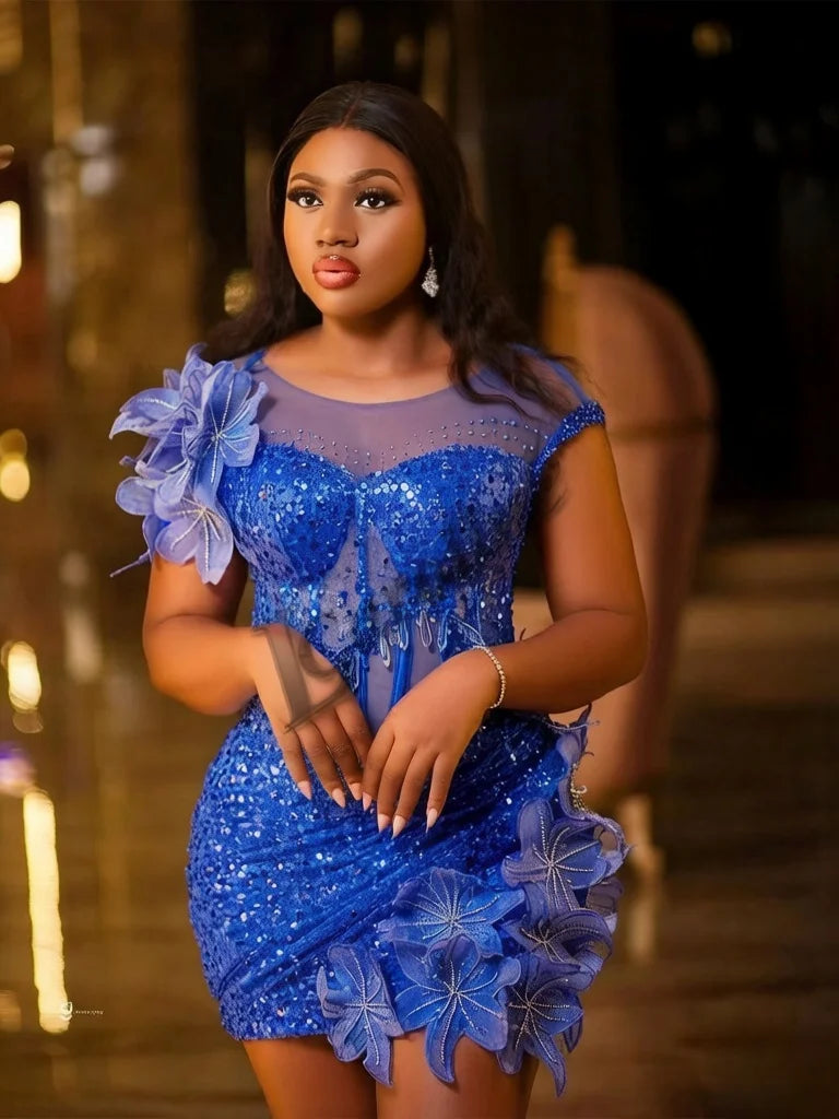 Caroline Bling Paillettes Abiti da ballo per le donne Pieghettato Fiori 3D Dubai Abito da sera formale Vestido De Formatura Personalizzato