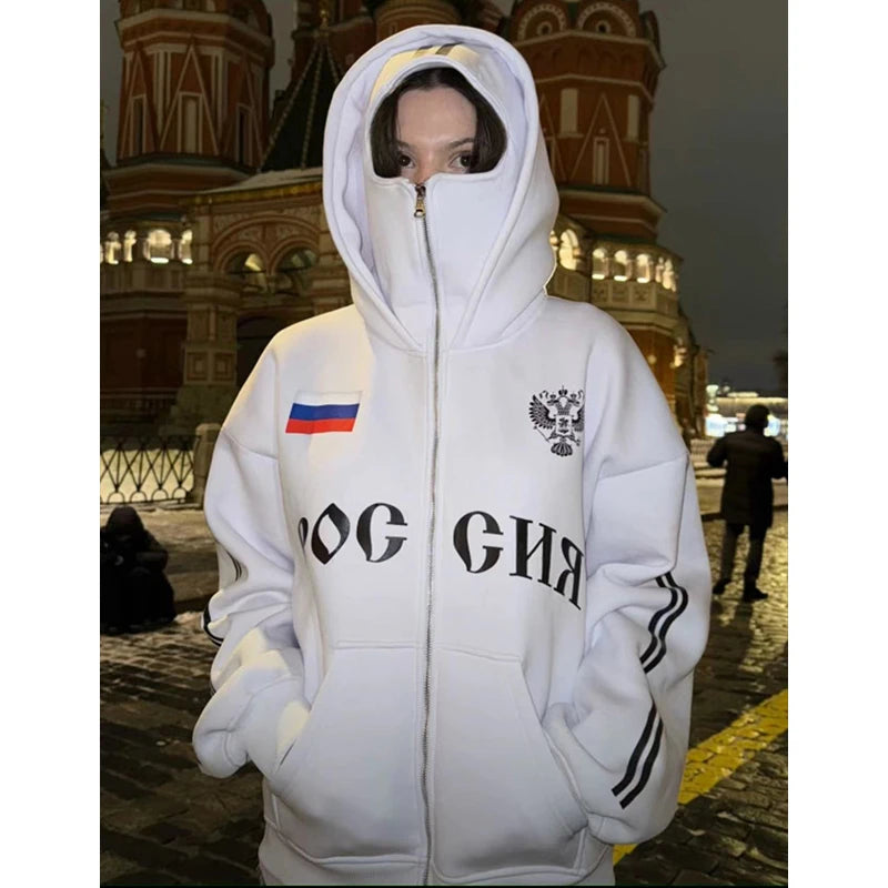 Y2K Abbigliamento Hip Hop da uomo Autunno Russia Vendita calda Felpe con doppia zip vintage Lettering Felpe con cappuccio grafiche Felpe Giacca casual