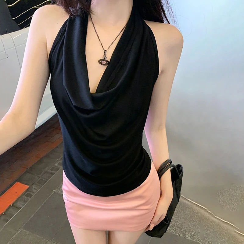 Summer Women Pure Desire Sexy Swing Collar Halter Sleeveless Slim Tank Top French Fashion Tank Top New 2025
