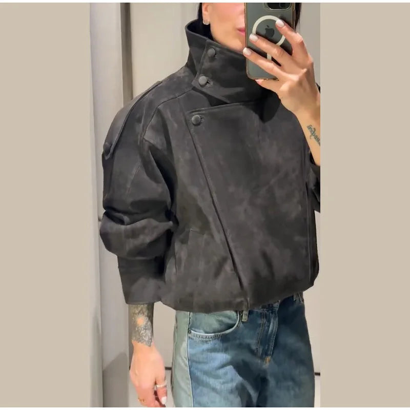Giacca bomber da donna in camoscio grigio scuro, con colletto alla coreana, maniche lunghe, oversize, asimmetrica, stile street, giacche da donna autunno 2026