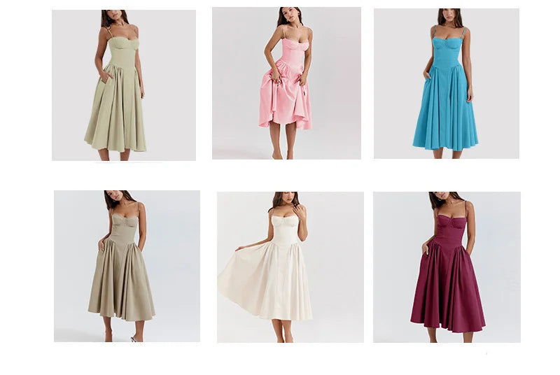 Elegante abito longuette con cinturino per spaghetti da donna Party Slim A Line Solid Bretelle Abiti da donna Nuova moda primavera estate Abiti sexy