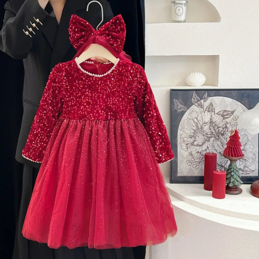 Abiti da ragazza Moda autunnale Nuova maglia patchwork con paillettes Abito da principessa a maniche lunghe Tinta unita Abbigliamento per bambini di Capodanno