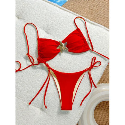 Costume da bagno bikini sexy a tinta unita, due pezzi, ad asciugatura rapida, senza schienale, in tessuto di nylon ad alta elasticità per nuoto e attività acquatiche.