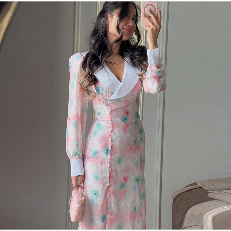 Abito Lungo da Donna con Stampa, Scollo a V, Maniche a Campana, Bordo a Foglia di Loto, Vita Alta, Vestito Maxi Aderente, Elegante Abito da Sera per Feste