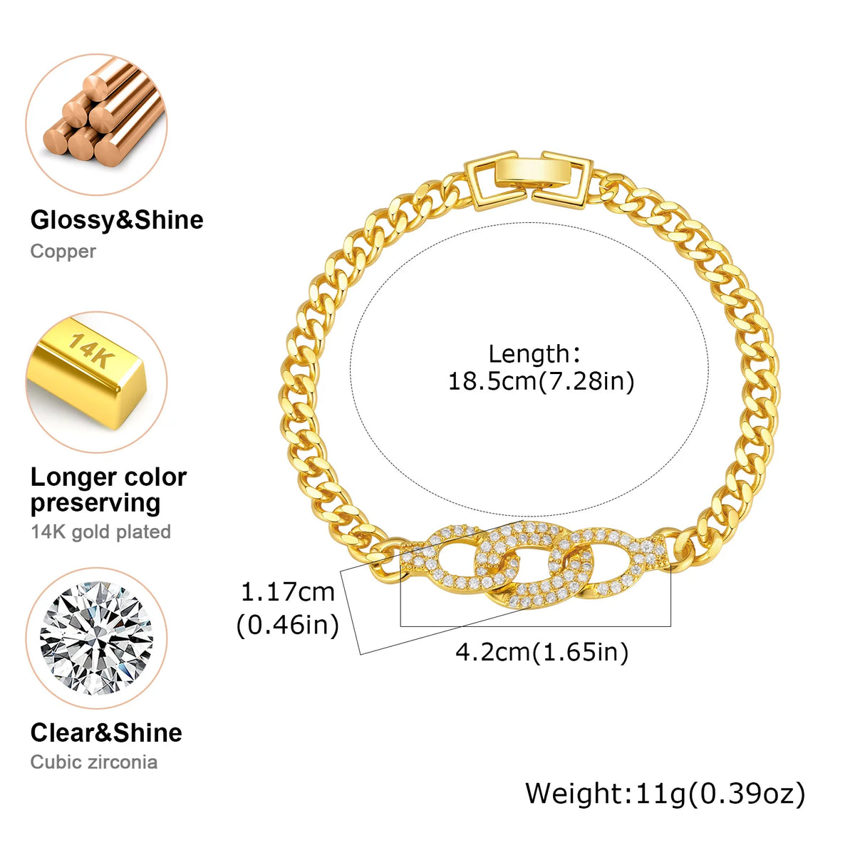 Bracelet pour femme de luxe avec breloque géométrique en zircon AAA, bracelets exquis en chaîne en métal plaqué or, bijoux de mariage de haute qualité
