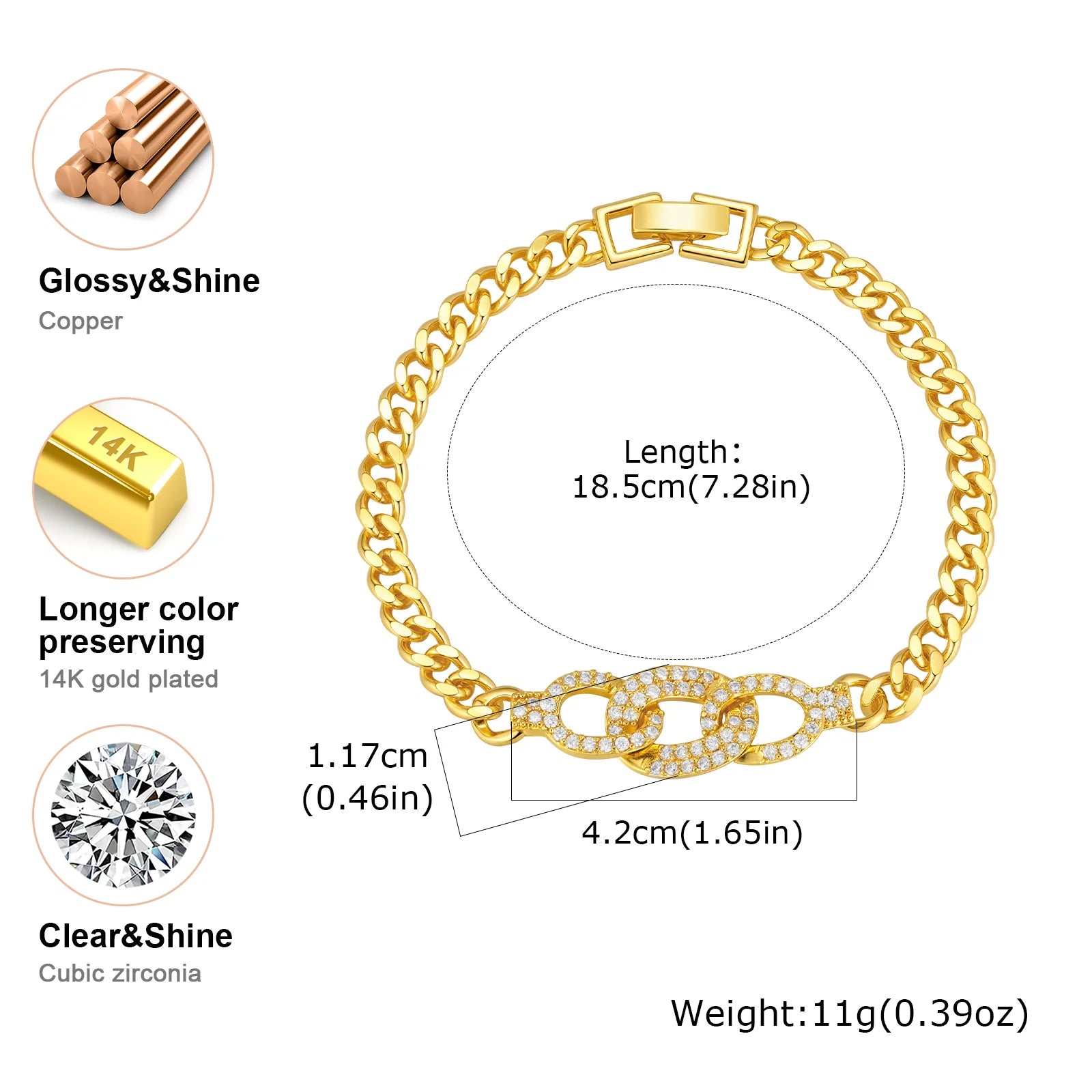 Women's Luxury Geometric Charm AAA Zircon Bracelet, Exquisite Gold Plated Metal Chain Bracelets, High Quality Jewelry Wedding
