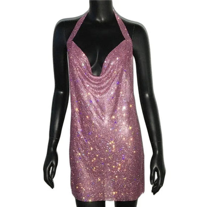 Mini abito sexy con scollo a V senza schienale per le donne Abiti da sera da club per feste con strass lucidi con scollo all'americana e spacco laterale