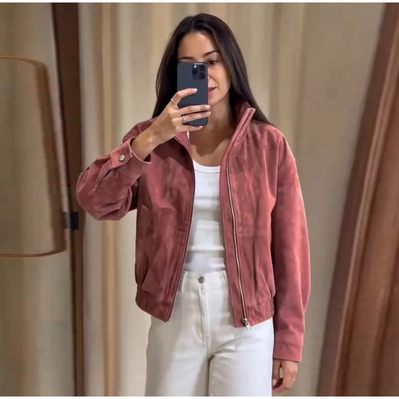 Giacca Bomber da Donna in Finta Pelle Scamosciata, Collo Alto, Chiusura a Zip, Spalle Cadenti, Orlo Elastico, Abbigliamento Casual Autunnale, Cappotto alla Moda 2026