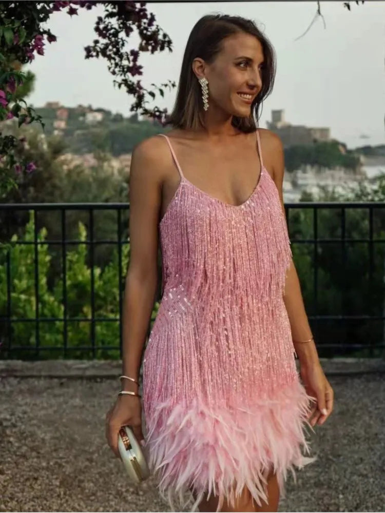 Abito estivo elegante con nappe e paillettes Abito da donna sexy sottile senza maniche con scollo a V a vita alta con bretelle e cuciture in piume
