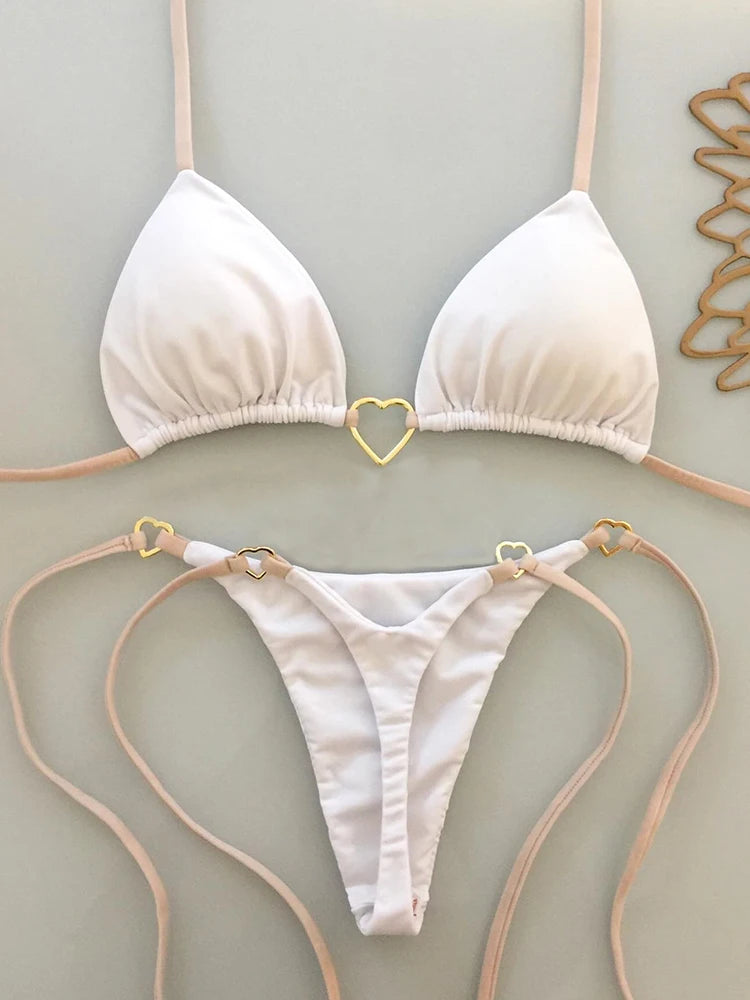 Sexy Low-Waist Bikini Set for Women Summer Solid Color Tie-Front Swimsuit with Padded Top for Beach Vacation