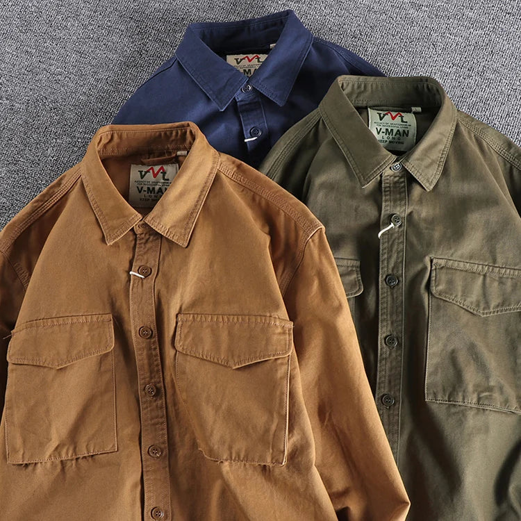 Autunno nuova camicia da lavoro in tinta unita kaki con lavaggio retrò 204 giacca ampia da uomo con tasca tridimensionale