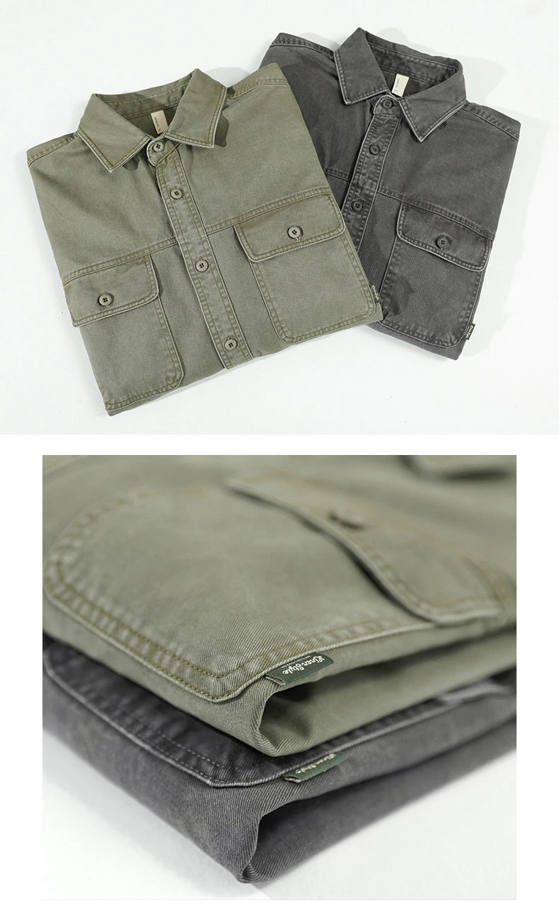 Camicia cargo vintage patchwork multitasche da uomo moda autunno inverno tinta unita manica lunga 100% cotone camicetta ampia quotidiana