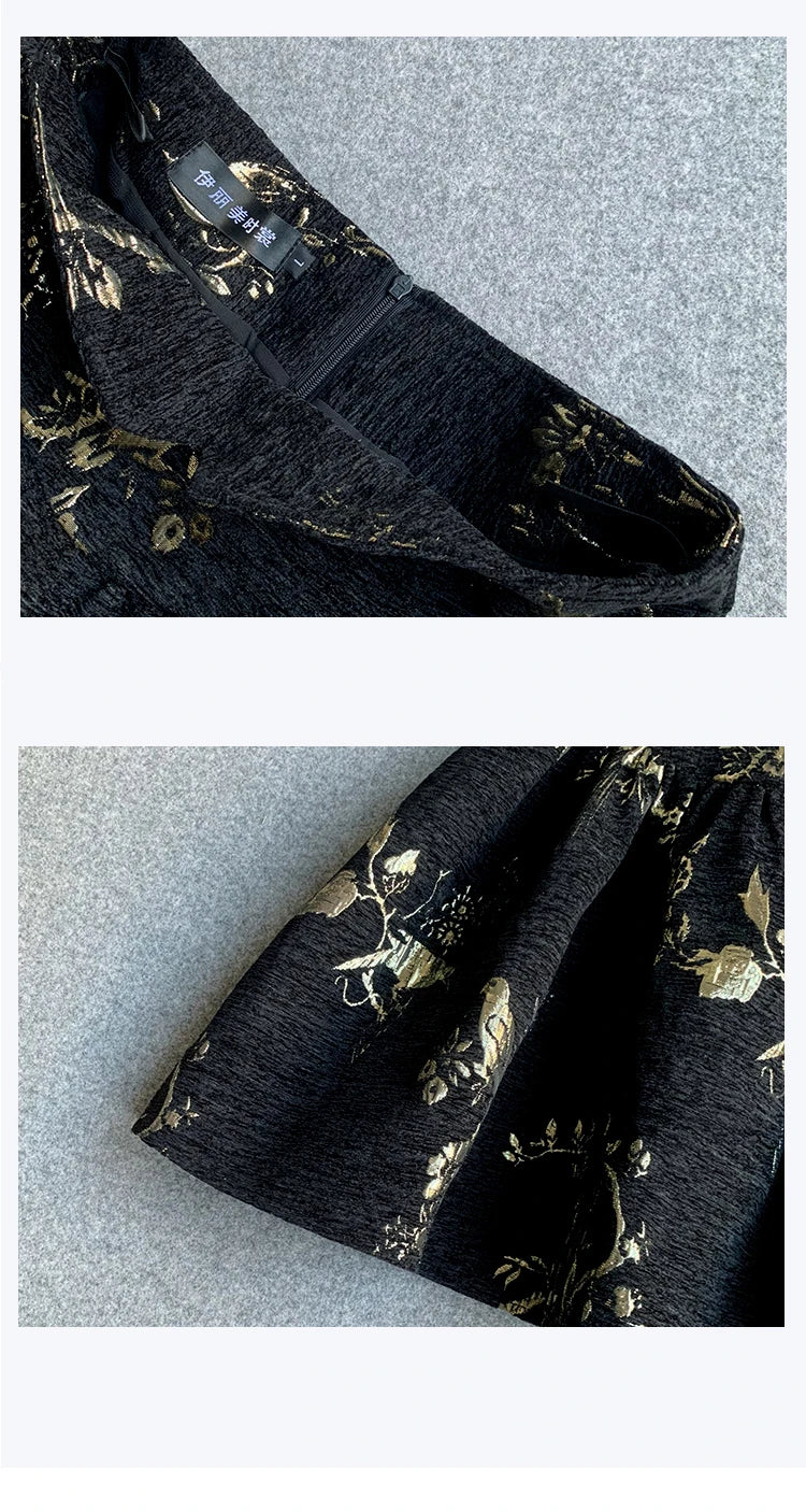 Gonna jacquard oro nero Gonna a trapezio slim fit a vita alta Primavera Estate Nuova gonna corta Gonna da ufficio squisita alla moda
