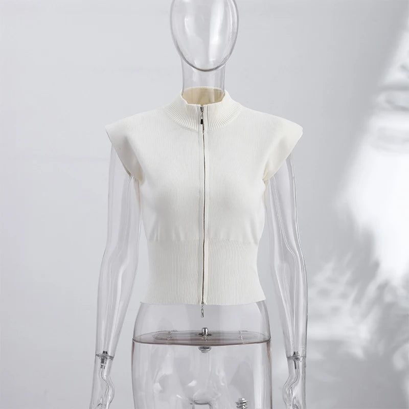 Cardigan in maglia da donna senza maniche con spalline imbottite, collo alto a metà, doppia cerniera, corto, aderente, tinta unita, top di tendenza per la strada