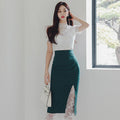 Sommer Damen Kleidung Mode Elegantes 2-teiliges Outfit Durchsichtige Sexy Spitze Weißes Oberteil Bluse und High Waist Midirock Mujer Set