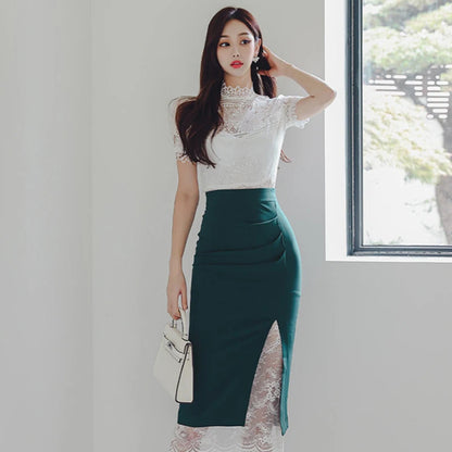 Vêtements d'été pour femmes, mode élégante, ensemble 2 pièces transparent sexy, haut chemisier en dentelle blanche et jupe midi taille haute pour femmes.