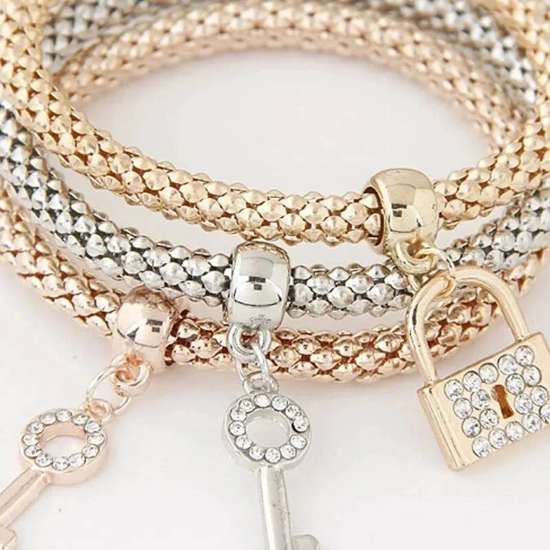 Set da 3 pezzi con lucchetto a forma di cuore, chiave, segno musicale, braccialetto con ciondoli, gufo, placcatura in oro rosa, catena color argento, set di gioielli con bracciale con ciondolo Owm