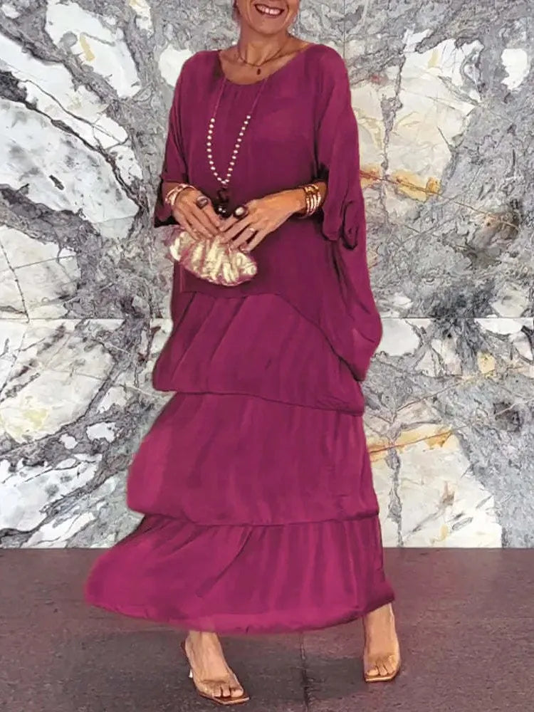 Abiti eleganti da donna in chiffon solido Primavera Autunno O-Collo Abito femminile con volant a strati Mezza manica Torta Abito lungo da vacanza al mare