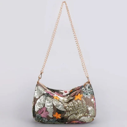 Borse a tracolla da donna con ricamo floreale carino Catene con paillettes alla moda Borsa a tracolla Borsa da spiaggia casual estiva Borsa e portamonete Hobos