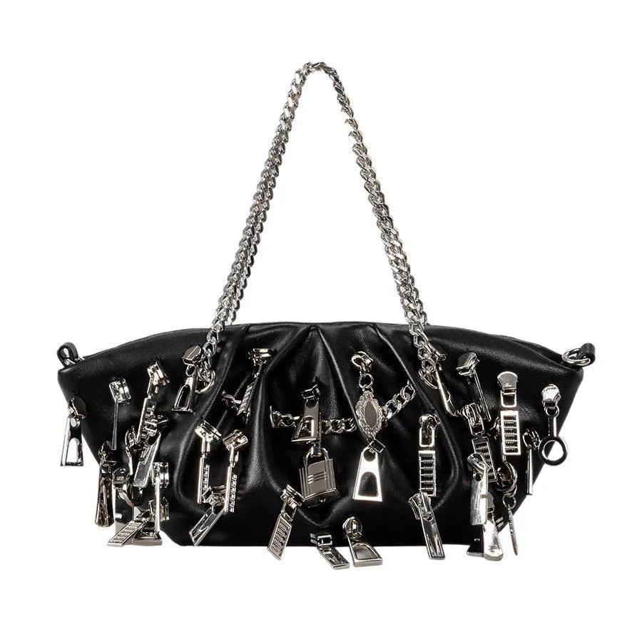 Borsa per ascelle con gnocchi increspato stile punk 2025 Borse a tracolla da donna con decorazione per la testa con cerniera multipla Borse Y2K per ragazza piccante