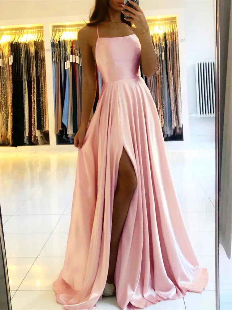 Abito da donna maxi da spiaggia in raso bordeaux per Natale Spacco laterale sexy Cinghie regolabili Abito da ballo da sera Abiti da damigella d'onore economici
