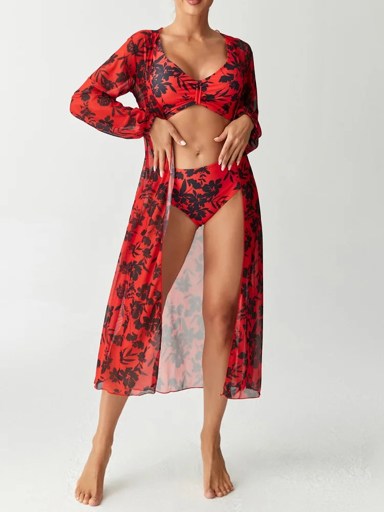 Bikini Damen Badeanzug 2026 Neuer Print Sling Bikini Set Sexy High Waist Bademode Sommer Langarm Mesh Strand Badeanzug Weiblich