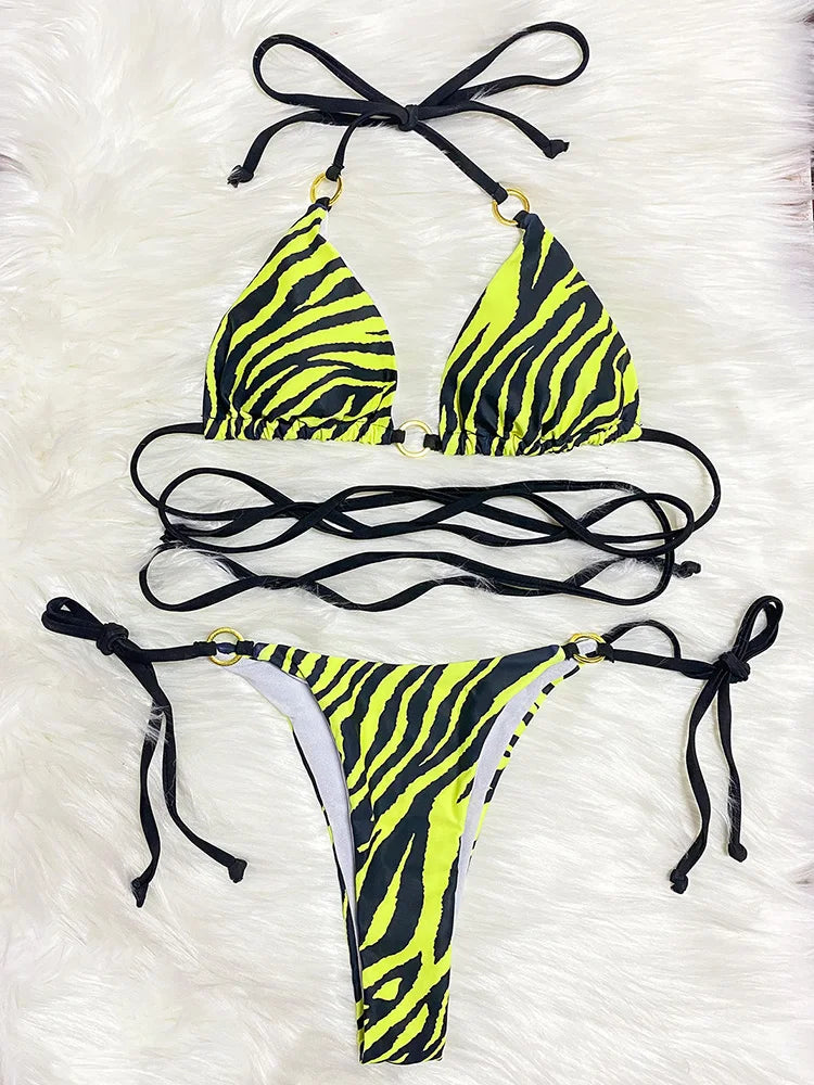 Zebra Leopard Wrap Around Halter Micro Mini Bikini donna costumi da bagno costume da bagno femminile due pezzi Bikini set bagnante costume da bagno Swim