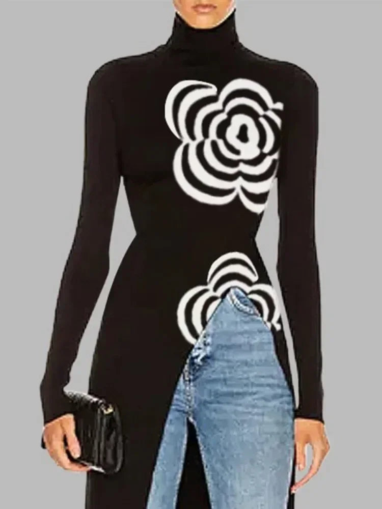 Modigirl Inverno Donna Pullover lavorato a maglia Top 2024 Fiore nero Design Slim Fit Asimmetrico Collo alto Maglioni lunghi per donna