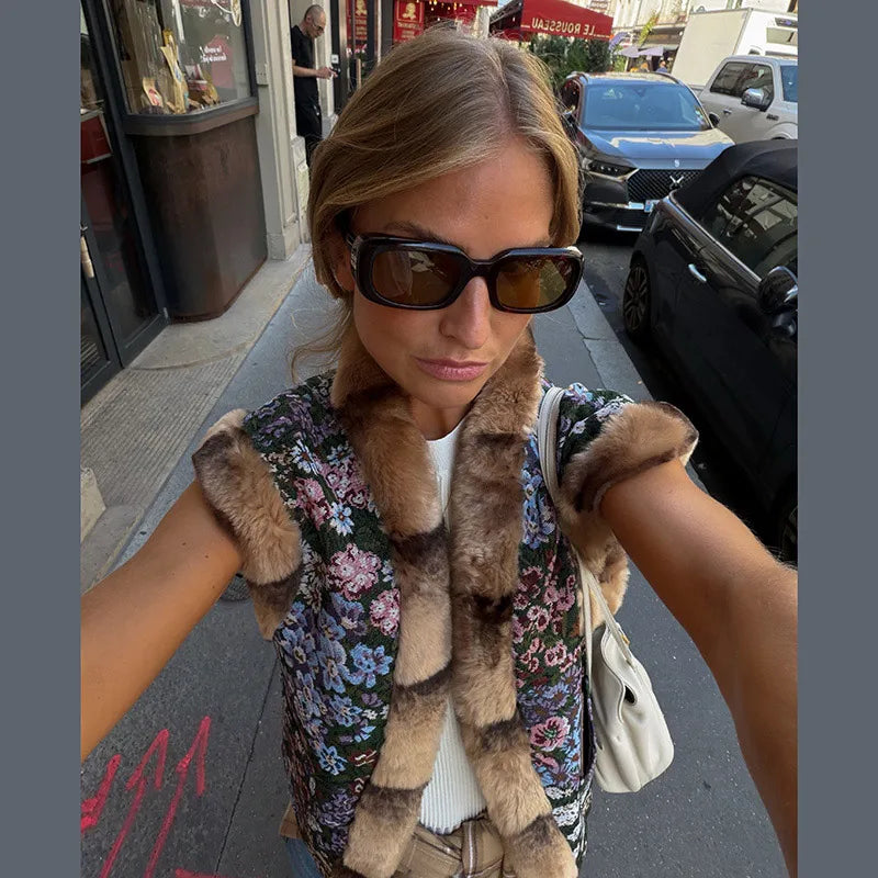 Gilet senza maniche modello Paisley vintage da donna con finiture in pelliccia di procione Gilet moda Capispalla 2025 Autunno Inverno Streetwear