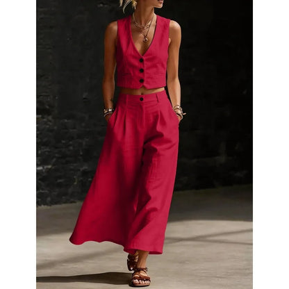 Summer Sexy V-neck Button Vest Top and Wide Leg Pants Outfits Women's Elegant Solid Color Temperament Slim Fit Vacation Suit