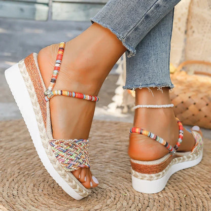 Summer Beach Vocation Sandali bohémien Donna Tacchi con zeppa Pantofole con plateau in tessuto colorato Donna Plus Size 43 Sandalias De Mujer