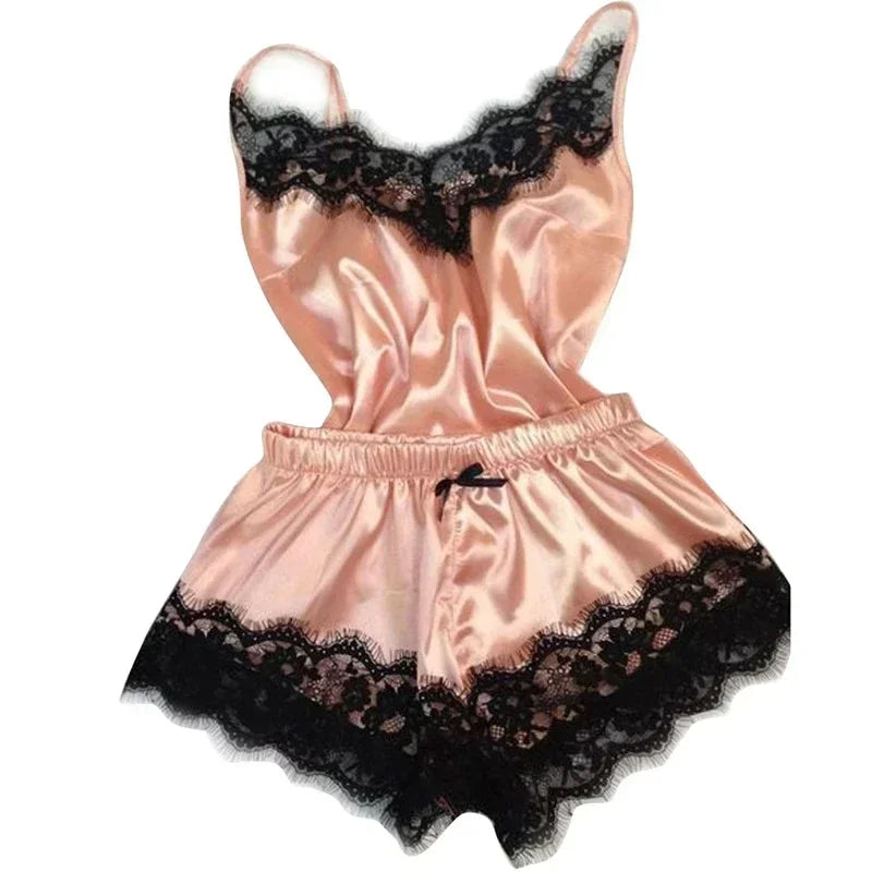 Ensemble de pyjama d'été en dentelle et soie pour femme, nuisette sexy avec caraco et short, ensemble confortable et décontracté