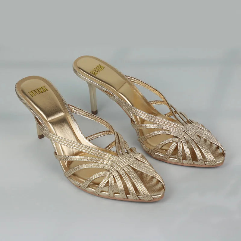 New Gold Hollow Thin Strip Heels for Women Luxury Pointed Toe Heeled Pumps Office Lady Mules Summer Stiletto Shoe Sandals 2025
