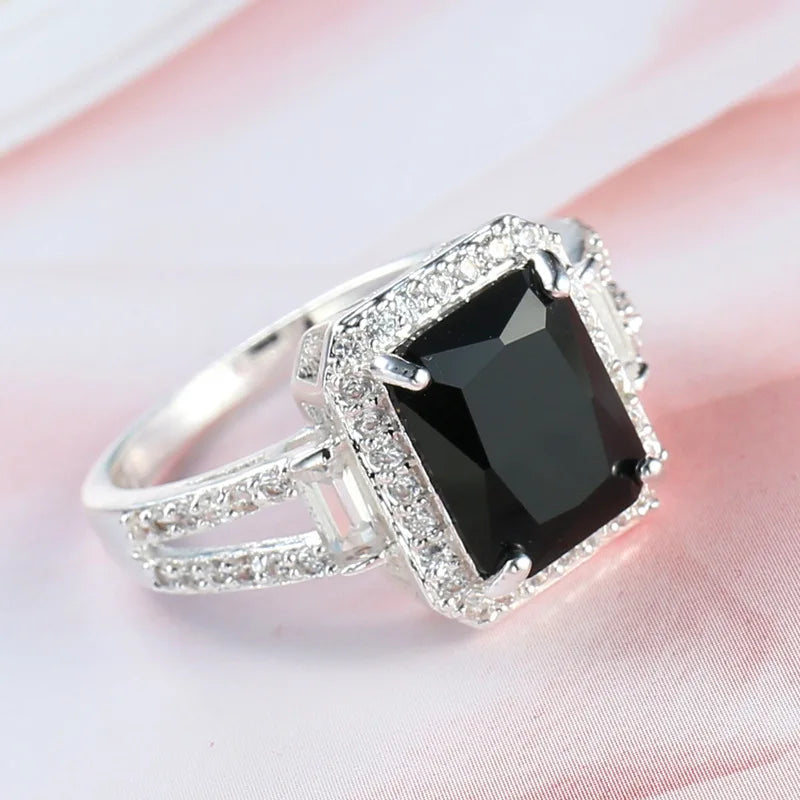 Bague en argent sterling 925 véritable pour femme, avec zircon noir, cadeau romantique, bijoux de fiançailles, Anillos Mujer