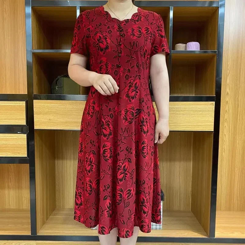 Abito estivo nuovo 2024 Abito classico da donna retrò Stampa Abito casual a maniche corte Moda Plus Size Fiore