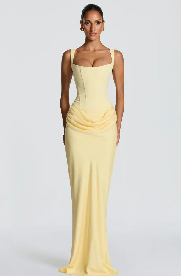 Elegante Abito Giallo Senza Spalline con Pieghe, Chic Senza Maniche, con Spacco e Vita Stretta, Vestito Lungo da Sera per Donna 2026