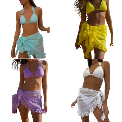 Damen Badeanzug Bikini Cover-ups Rock Sommer Einfarbig Strandwickelrock Bademode Damen Rüschenbesatz Schnür-Sarong Cover-ups