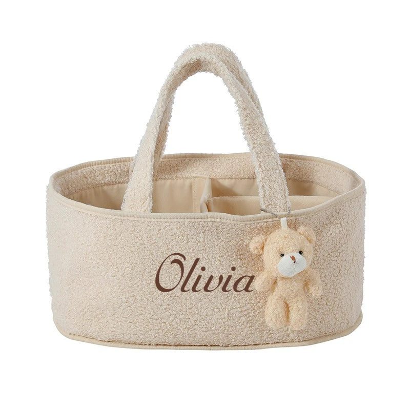 Nome personalizzato Borse per pannolini per bambini Cestino portaoggetti con ciondolo a forma di orso Cestino portaoggetti per asilo nido per roba per bambini Borsa per pannolini per mamma