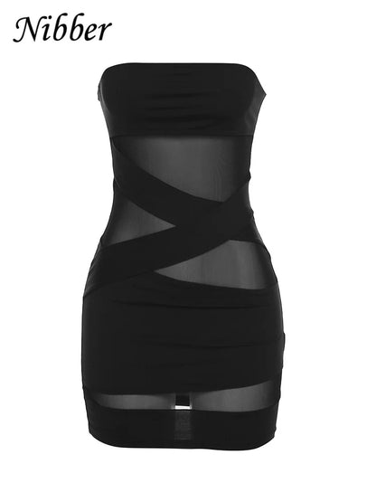 Nibber See think Mesh Patchwork Mini Dress Bandage Wrapped Chest Women Sexy Hip Wraps abiti Female Partywear Colthing