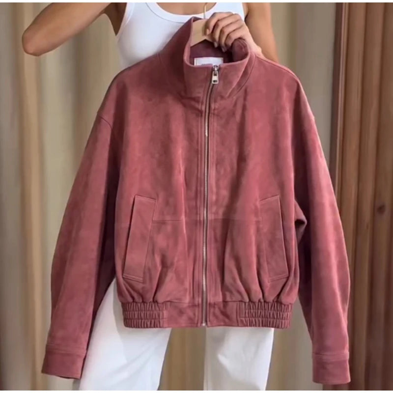 Giacca Bomber da Donna in Finta Pelle Scamosciata, Collo Alto, Chiusura a Zip, Spalle Cadenti, Orlo Elastico, Abbigliamento Casual Autunnale, Cappotto alla Moda 2026