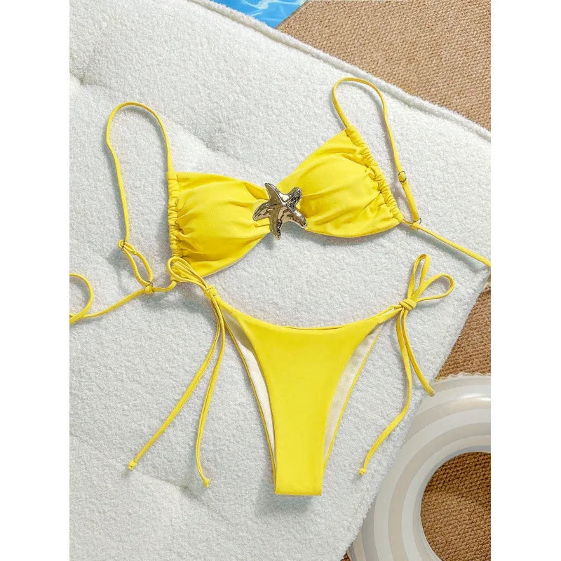 Costume da bagno bikini sexy a tinta unita, due pezzi, ad asciugatura rapida, senza schienale, in tessuto di nylon ad alta elasticità per nuoto e attività acquatiche.