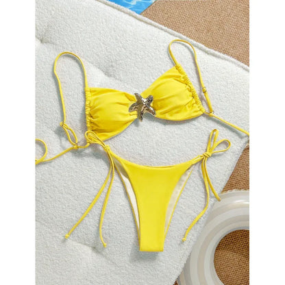 Costume da bagno bikini sexy a tinta unita, due pezzi, ad asciugatura rapida, senza schienale, in tessuto di nylon ad alta elasticità per nuoto e attività acquatiche.
