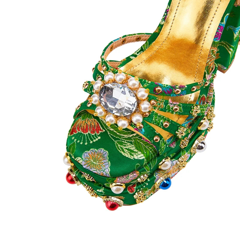 Neue Damen Sommer Plateau Sandalen wasserdicht dicker Boden Wasser Diamant Perle Niete Blume Satin offene Spitze High Heels groß