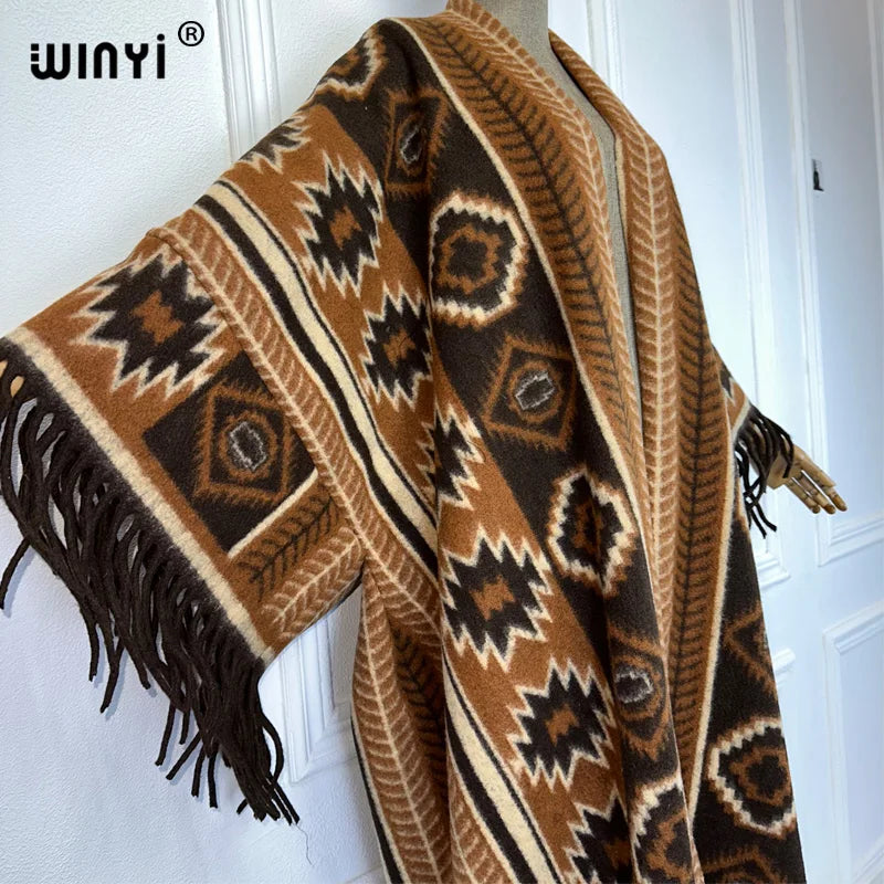 WINYI Inverno Donna Cardigan con frange stampa abaya dubai Cappotto di lusso Cappotto allentato Spessore caldo Capispalla femminile lungo piumino